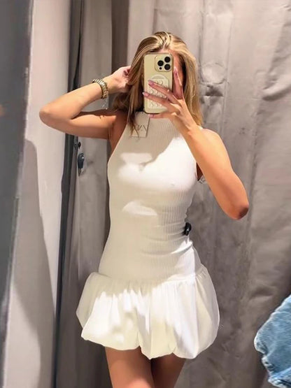 Color Mini Dress for Knitted O Neck Sleeveless Backless Female Skirts Summer New Robe