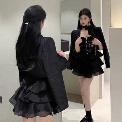 Sweet Hot Girl Suit Autumn Winter Gold Buckle Short Coat Laceup Slim Aline Dress Twopiece Set Female Clothes