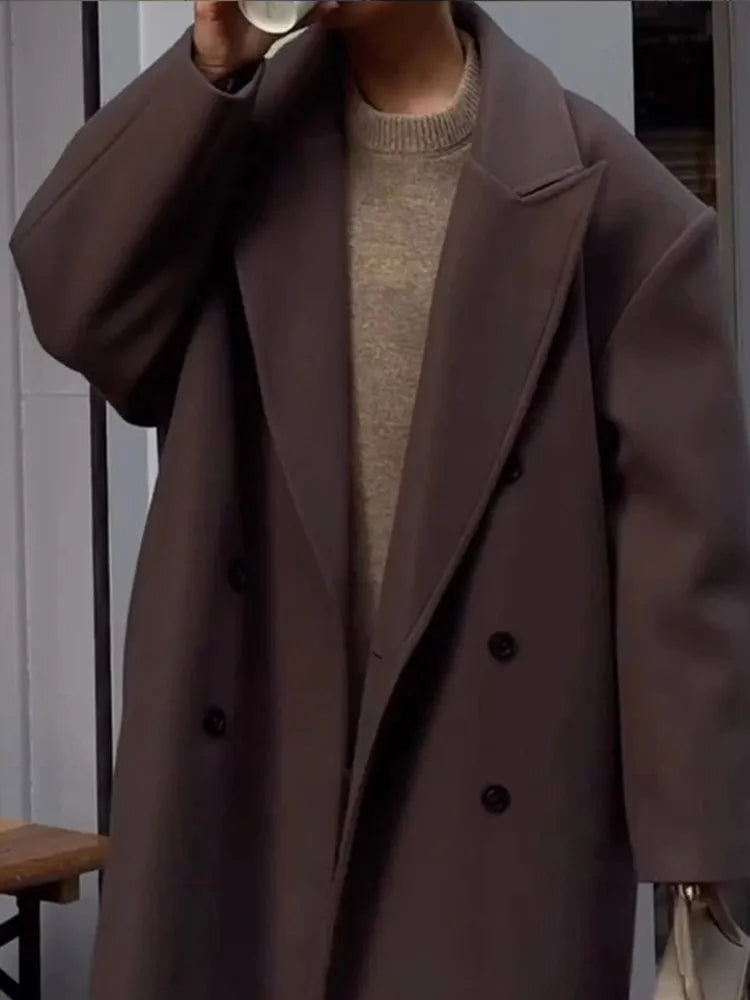 Brown Wool Long Coats for Loose Turn Down Collar Double Breasted Female Overcoat Autumn Winter Street Lady Outwear