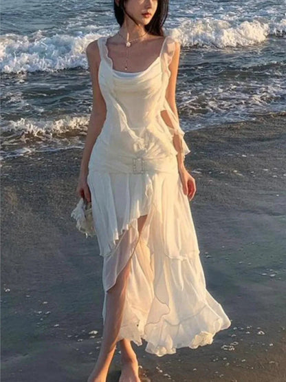 Backless Slip Dresses Summer New Asymmetrical Ruffles Holiday Beach Party Club Split Long Dress