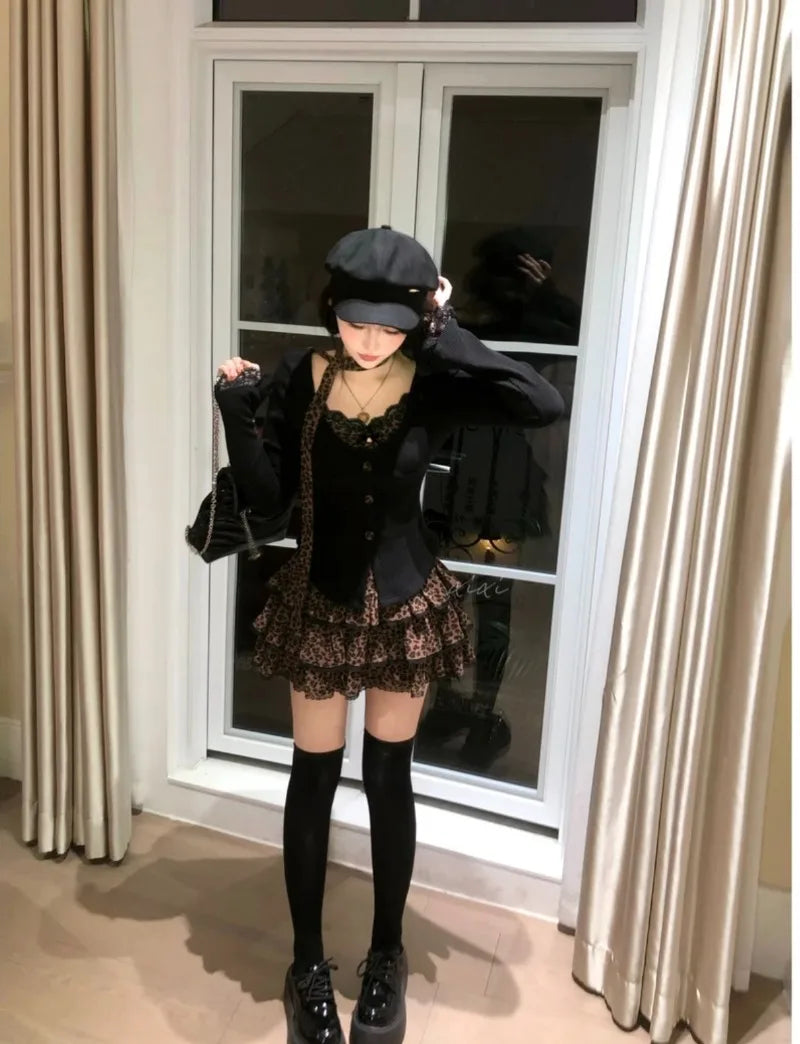 Sweet Hot Girl Suit Autumn Longsleeved Slim Cardigan Leopard Print Aline Skirt Twopiece Set Female Clothes
