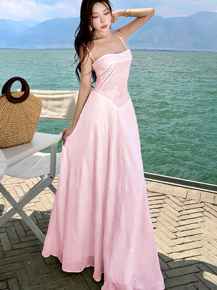 Sweet Pink Long Dresses Spaghetti Strap Laceup Princess Evening Party Dress Summer Holiday Aline Vestidos Robe