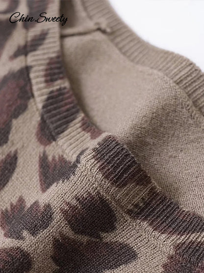 Leopard Knit Pullover Loose Round Neck Long Sleeves Sweater Tops Spring Summer Lady Y2k