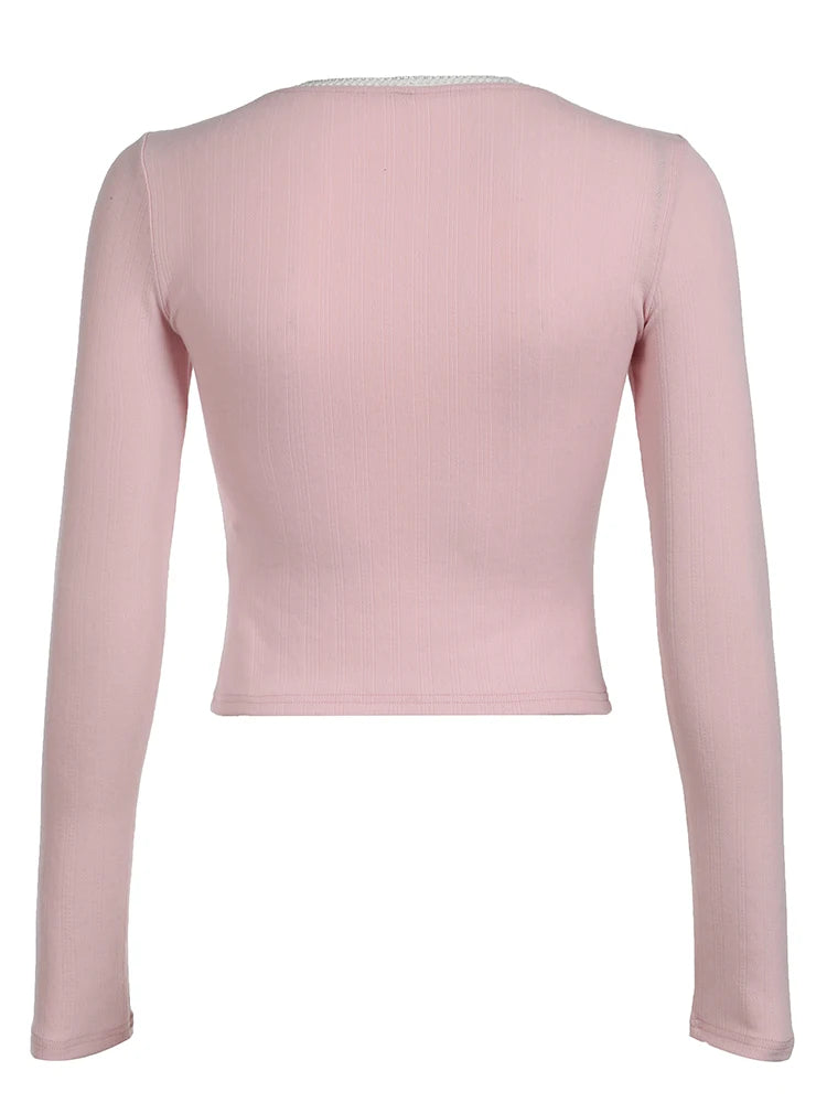 Japanese Kawaii Pink Slim Long Sleeve T-shirt Contrast Patchwork Square Collar Sweet Basic Spring Autumn Top Tees