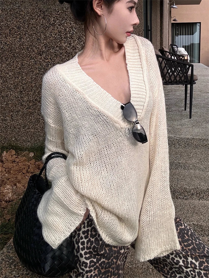 Spring Lazy Style Sweaters Loose Vneck Pullovers New Oversize Knitted All Match