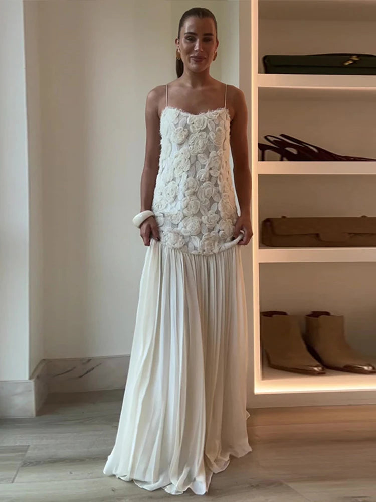 3d Sling Long Dress Retro White Backless Pleated Maxi Evening Dresses Female Spring Street Party