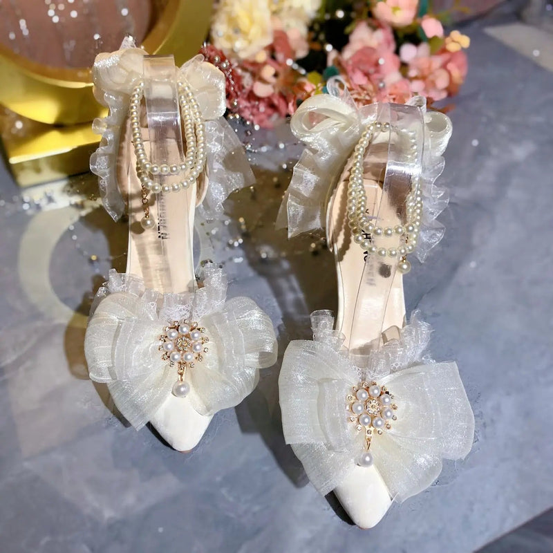 Dress Shoes White Lolita Mary Jane Shoes Woman Designer Pearl Lolita Sandals Sling Back Heels