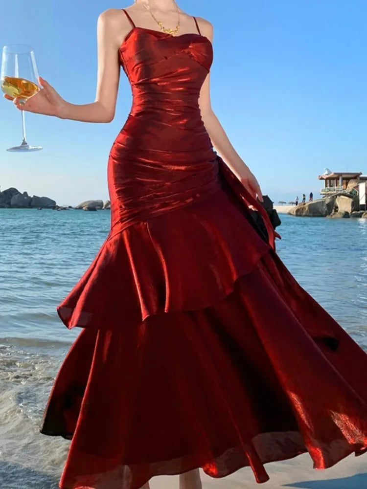Spaghetti Strap Long Dresses Sleeveless Princess Ruffles Evening Party Dress Summer Holiday Beach Vestidos Robe New
