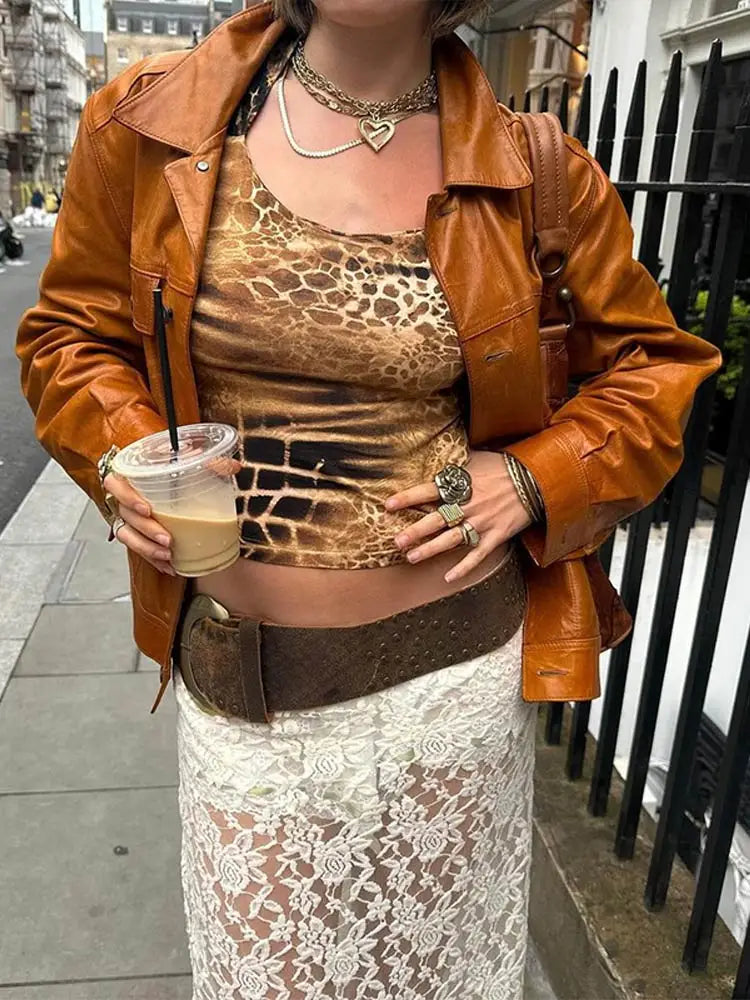 Single Breasted Leather Jacket Lapel Neck Long Sleeved Coats Autumn Ins Lady High Street Outerwear