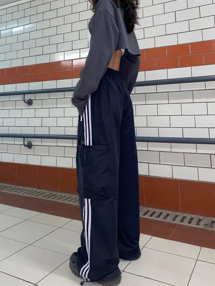 Cargo Pants for Hip Hop Oversize Wide Leg Trousers Y2k Pocket Side Stripe Ladie Jogger Pantalon