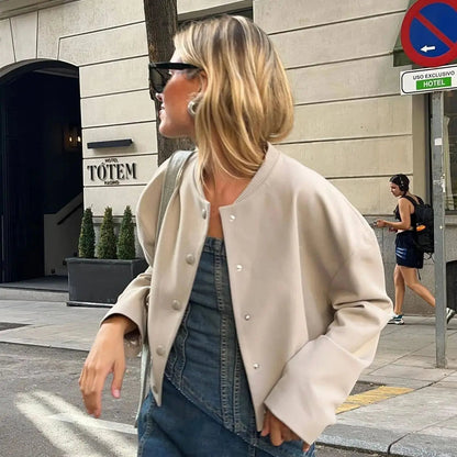 Woman Bomber Jacket White Autumn Winter Cropped Jackets for Long Sleeve With Buttons Lady Outwear