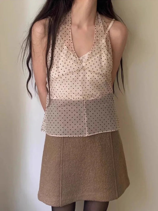 Vneck Seethrough Waistcoat Polka Dot Y2k Top Halter Fold Vest Woman Tanks Korean Ropa De Mujer