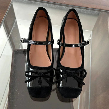 Chunky Mary Jane Shoes New Butterflyknot Ballet Shoes Retro High Heels Dress Shoes Zapatos De Mujer