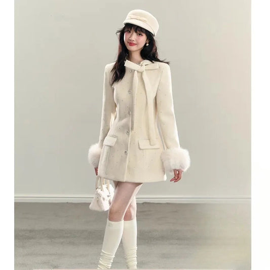 Sweet Hot Girl White Laceup Bow Coat Winter Slim Fit Single Breasted Woolen Coat Female Clothes