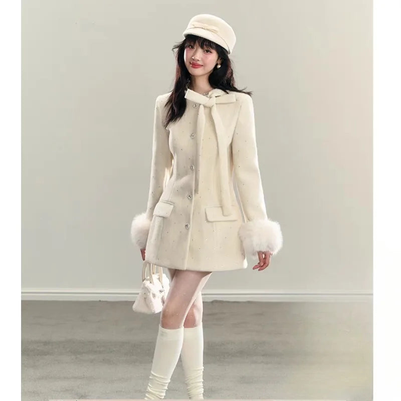 Sweet Hot Girl White Laceup Bow Coat Winter Slim Fit Single Breasted Woolen Coat Female Clothes