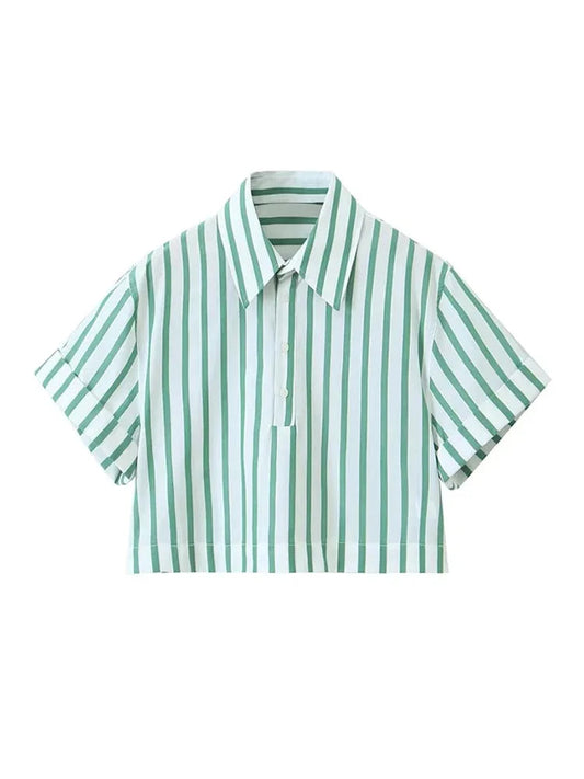 Summer Causal Short Sleeves Shirts for Woman Green Stripes Lapel Tshirt Buttons Female Cropped Slim Blouses
