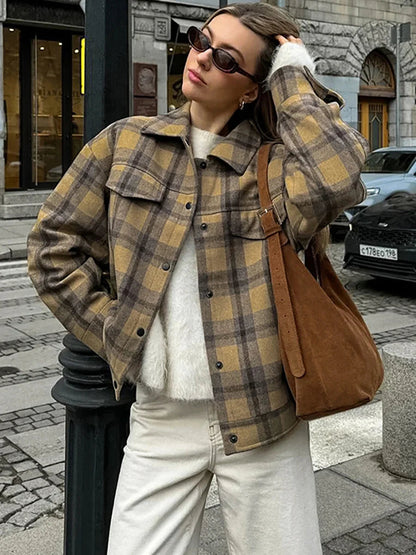 New Plaid Contrast Jacket Autumn Winter Single Breasted Long Sleeve Outerwear Female Coat