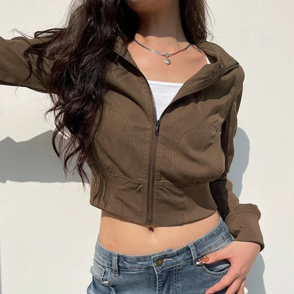Long Sleeves Pockets Cargo Coats Slim Jackets Y2k Aesthetic Zip Up Clothes