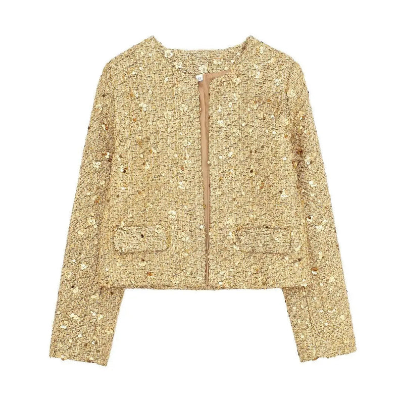 Spring Woman Silver Sequins Jacket Oneck Long Sleeves Cropped Coats Female Open Front Outerwear