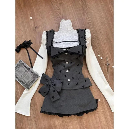 New Japanese 3 Piece Set Square Collar Blouse + Lace Patchwork Print Vest + Y2k Bow Mini Skirts Female