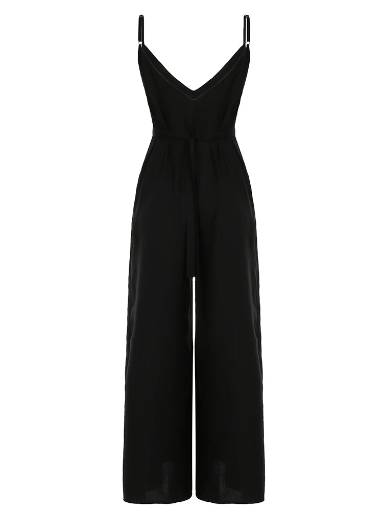 Sleeveless V Neck Loose Black Jumpsuits for Backless Vacation Wide Leg Rompers Spaghetti Strap Overalls