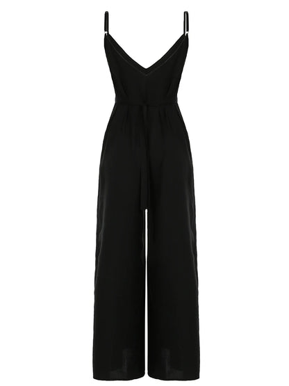 Sleeveless V Neck Loose Black Jumpsuits for Backless Vacation Wide Leg Rompers Spaghetti Strap Overalls
