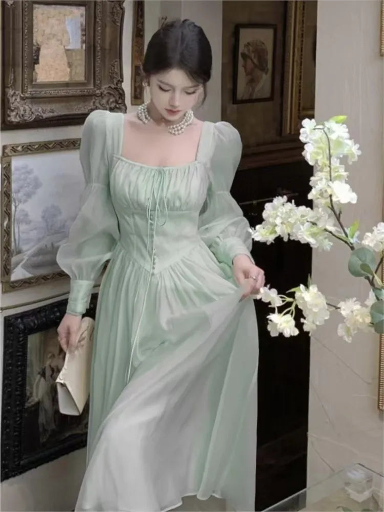 Autumn New Princess Midi Dresses for Square Collar Slim Waist Puff Sleeve Female Clothing One Piece Vestido