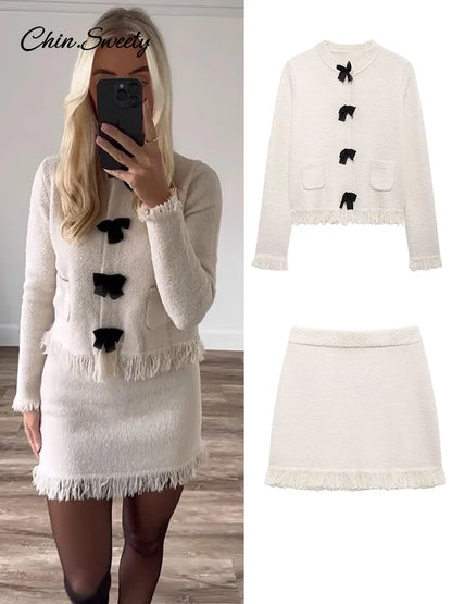 Tassel Knit Skirt Set Bow Buckle O-neck Long Sleeve Cardigan Sweater Mini Skirts Suit New in Matching Outfit