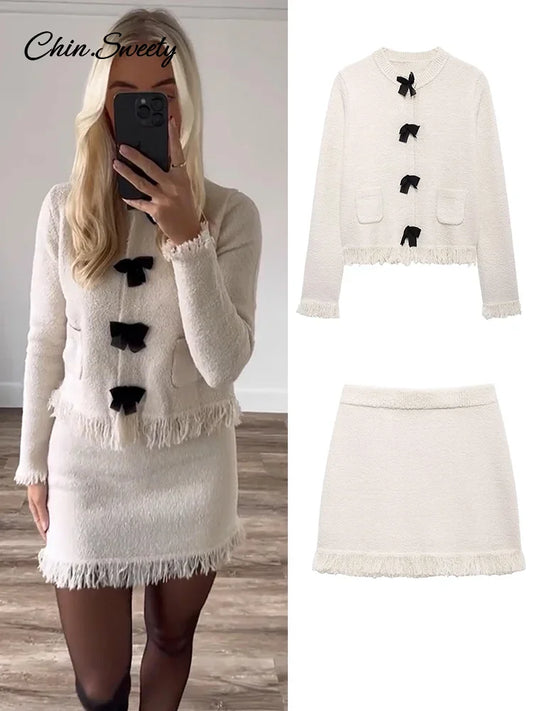 Tassel Knit Skirt Set Bow Buckle O-neck Long Sleeve Cardigan Sweater Mini Skirts Suit New in Matching Outfit