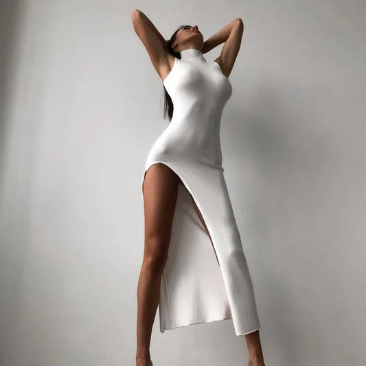 New Y2k Europe and the United States Cross-border Round Neck Sleeveless Slim-fit Slit Midi Dress