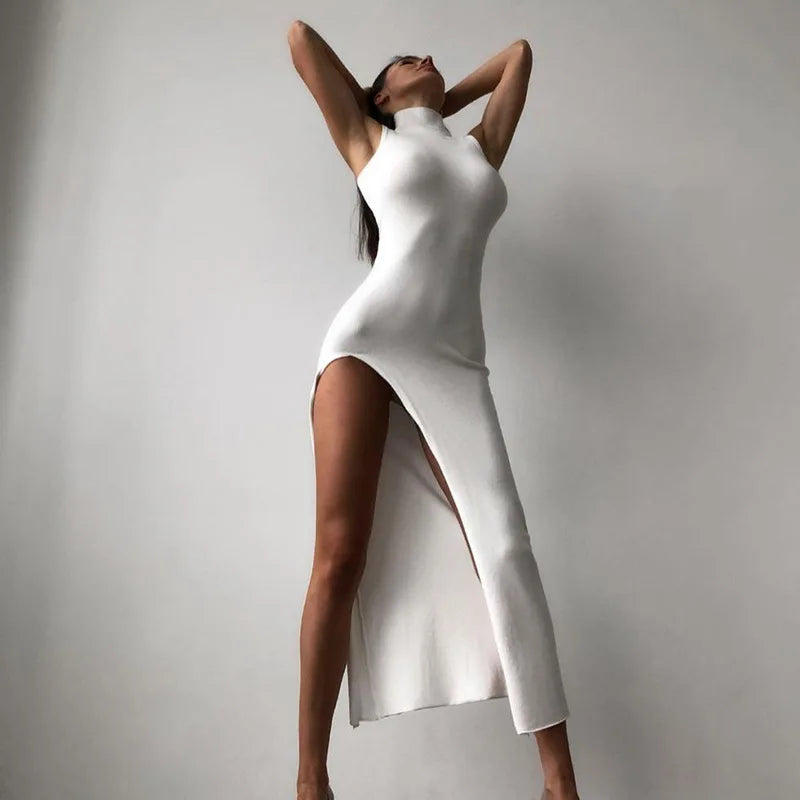 New Y2k Europe and the United States Cross-border Round Neck Sleeveless Slim-fit Slit Midi Dress