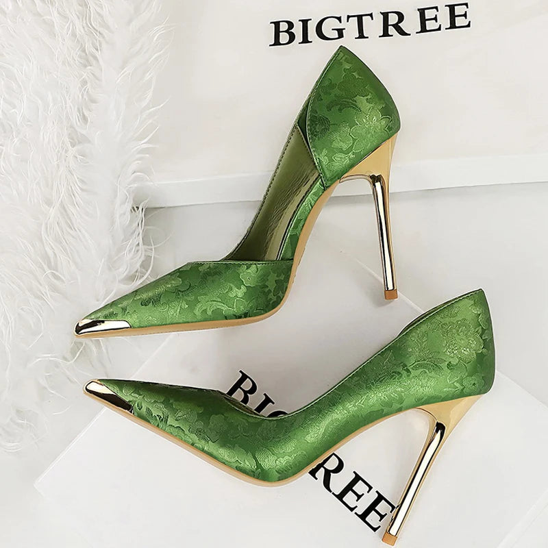 Shoes 11 Cm Heels Silks Satins Woman Pumps Metal Pointed Toe High Heels New Female Pumps Party Shoes