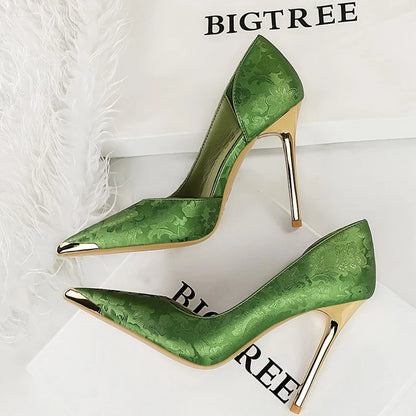 Shoes 11 Cm Heels Silks Satins Woman Pumps Metal Pointed Toe High Heels New Female Pumps Party Shoes