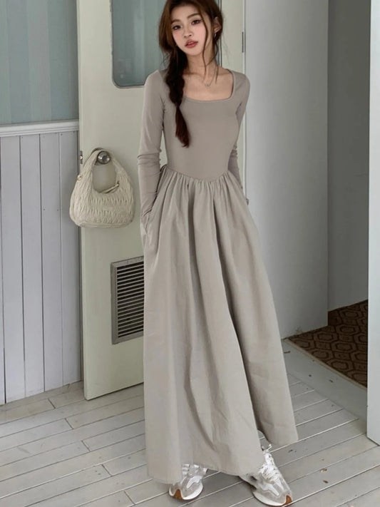 Knitted Midi Dresses for Long Sleeves Square Collar A-line Autumn New Dress Female Slim Vestidos
