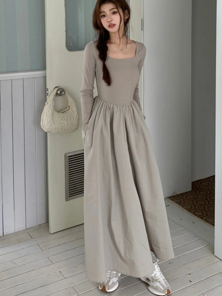 Knitted Midi Dresses for Long Sleeves Square Collar A-line Autumn New Dress Female Slim Vestidos