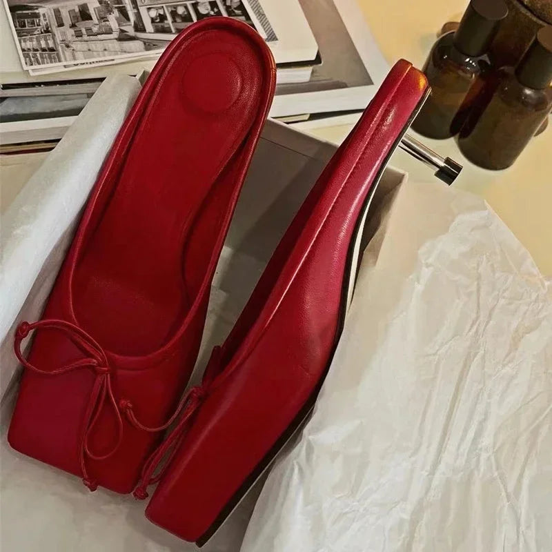 Designer Mule Pumps Slippers Bow Square Toe Party Dress Shoes Red High Heels Sandals