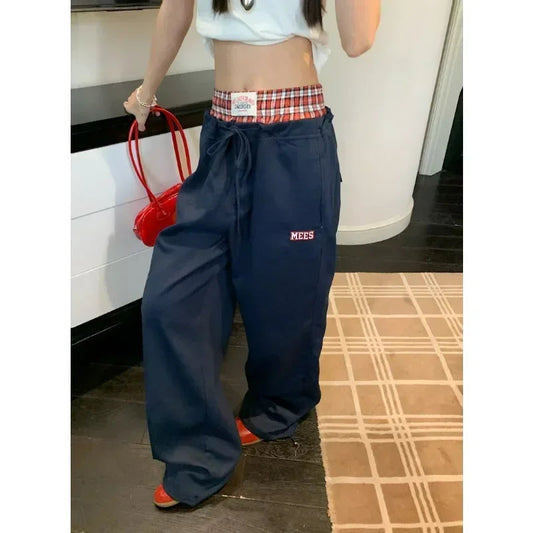 American Contrast Color Patchwork Loose Wide Leg Pants Autumn New High Waist Laceup Letters Embroidered Pants