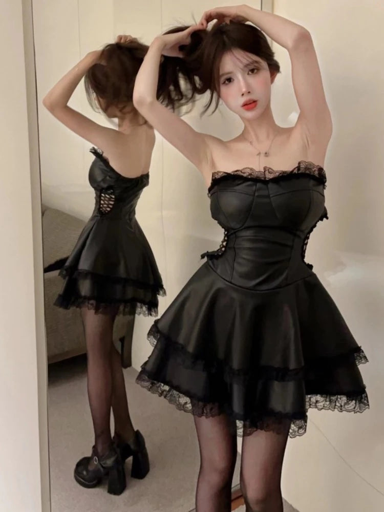 Summer Spring Faux Leather Backless Y2k Club Mini Dress Sleeveless Female New Clothes Vestidos