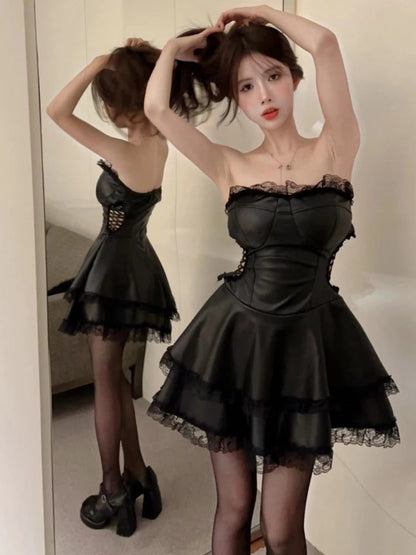 Summer Spring Faux Leather Backless Y2k Club Mini Dress Sleeveless Female New Clothes Vestidos