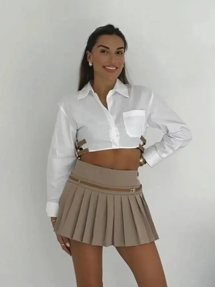 Skirts High Waist Pleated Skirt With Belt Female Aline Skirts With Lining Shorts