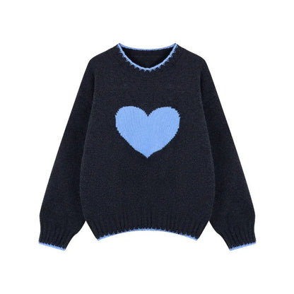 High Street Contrast Color Patchwork Long Sleeve Sweater Spring New Oneck Heart Embroidery Loose Knitted Tops