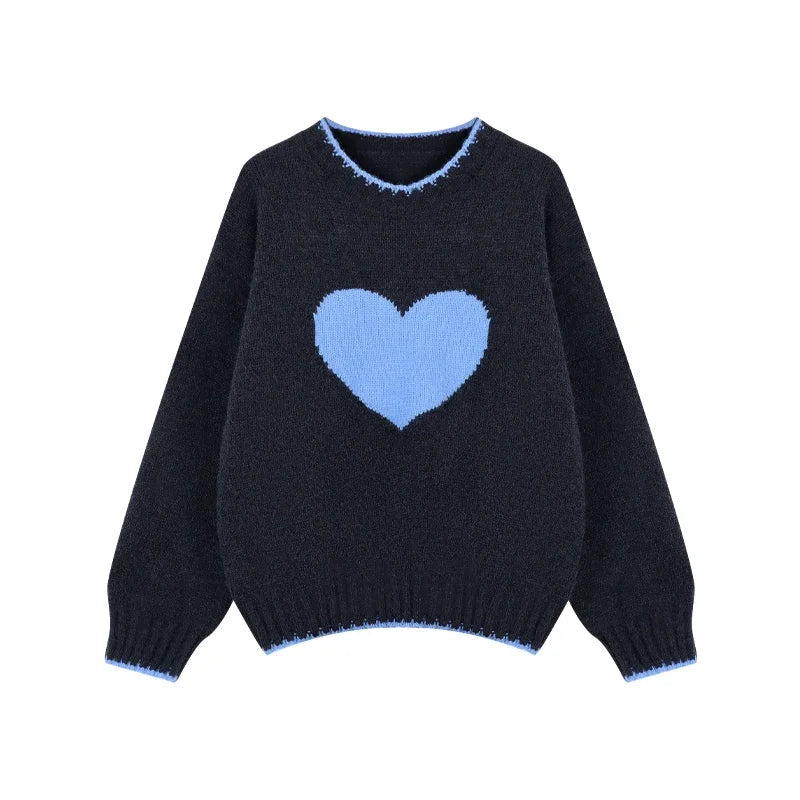 High Street Contrast Color Patchwork Long Sleeve Sweater Spring New Oneck Heart Embroidery Loose Knitted Tops
