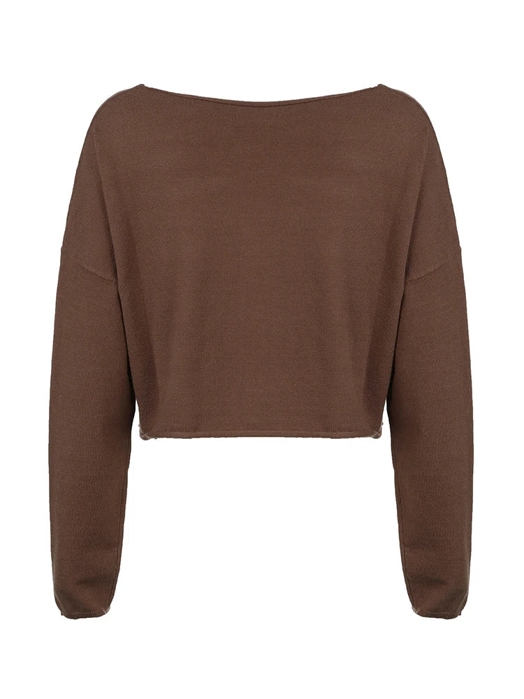 American Retro Loose Knitted Pullover Jumpers for O Neck Long Sleeve Brown Spring Autumn Sweaters