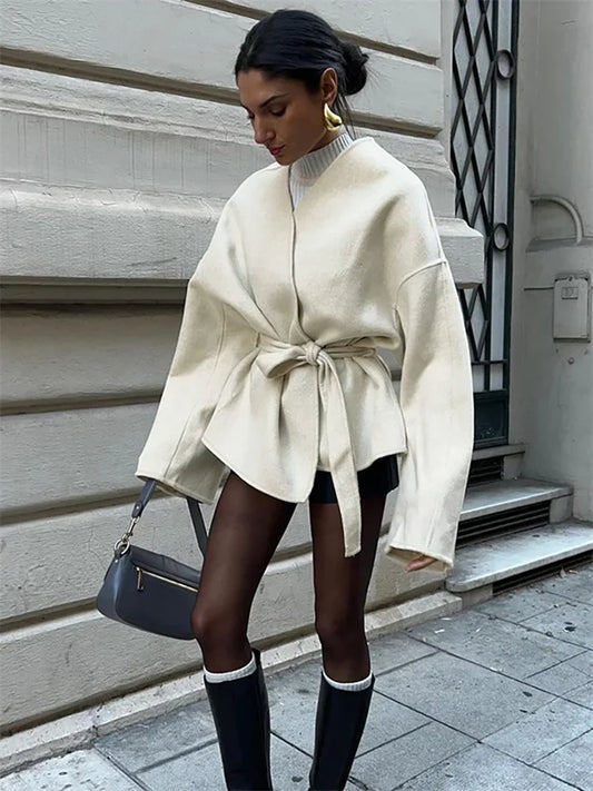 Lace-up White V-neck Overcoat Female Loose High Street Long Sleeve Autumn Patchwork Coat ’s Bandage Outwear New