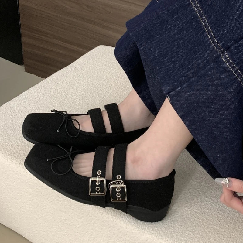 Simple Soft Bottom Buckle Flat Mary Jane Shoes Comfortable Bowknot Square Toe Designer Shoes Backless Loafer Shoes