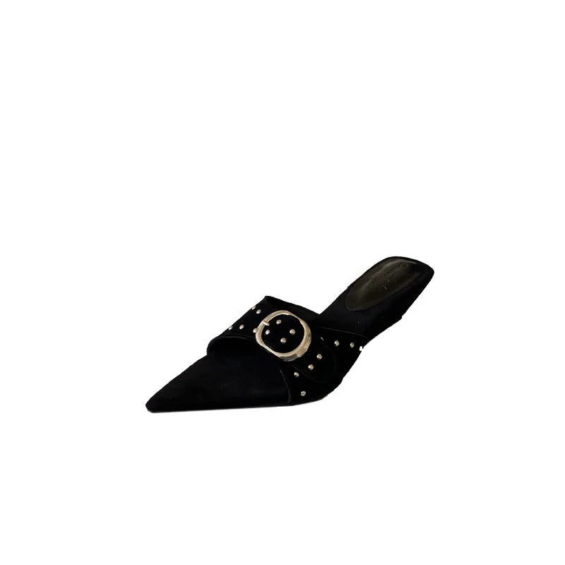Shoes Woman Pointed Toe Slippers Summer Rivet Slides on a Wedge Low Flock Designer Rome Hoof Heels Fabric Rubber Fas