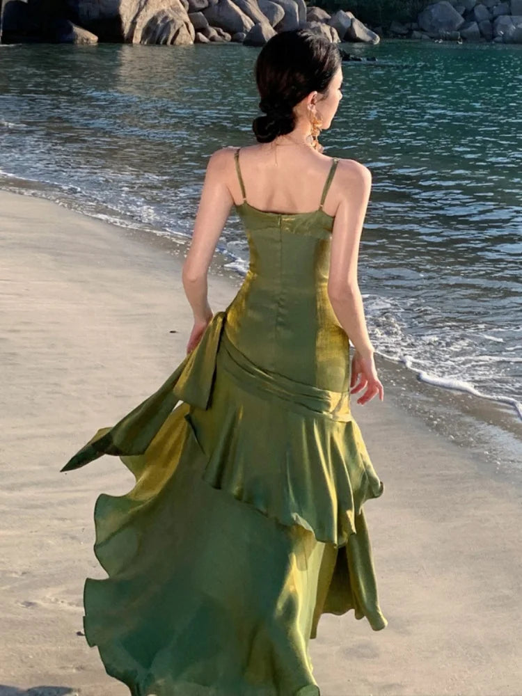 Spaghetti Strap Long Dresses Sleeveless Princess Ruffles Evening Party Dress Summer Holiday Beach Vestidos Robe New
