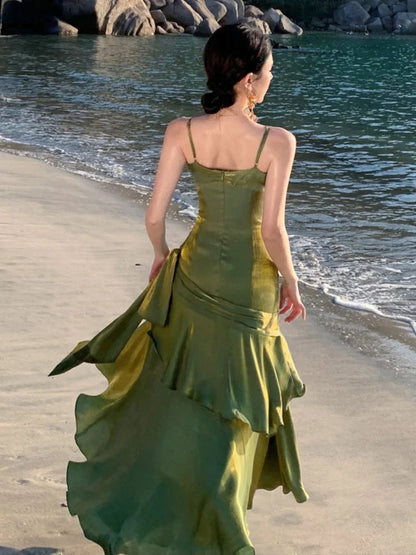 Spaghetti Strap Long Dresses Sleeveless Princess Ruffles Evening Party Dress Summer Holiday Beach Vestidos Robe New