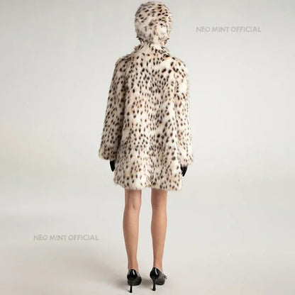 Winter Brown Leopard Fluffy Faux Fur Coat Stand Fur Collar Fox Fur Outerwear Jacket Female Overcoats
