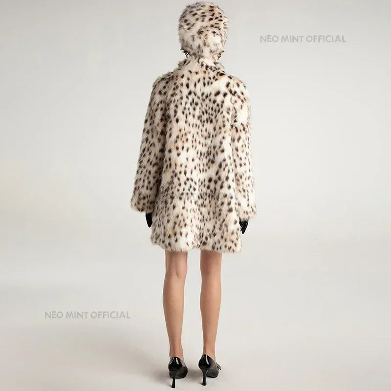 Winter Brown Leopard Fluffy Faux Fur Coat Stand Fur Collar Fox Fur Outerwear Jacket Female Overcoats